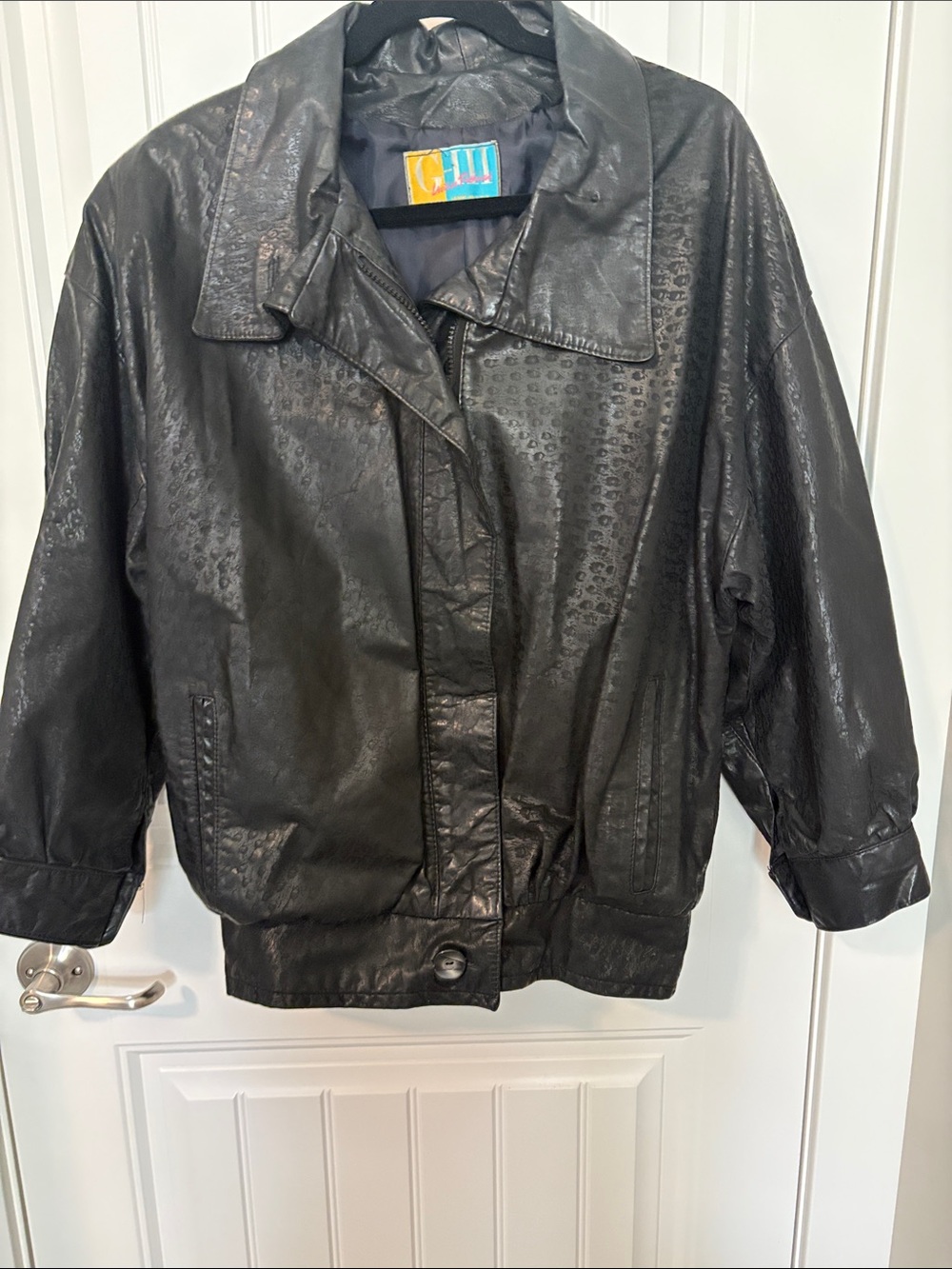 Vintage G-III Black Embossed Genuine Leather Bomber Jacket 80s S/XS